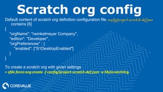 Scratch org config
Default content of scratch org definition configuration file config/project-scratch-def.json
contains [6]
{
"orgName": "rwinkelmeyer Company",
"edition": "Developer",
"orgPreferences" : {
"enabled": ["S1DesktopEnabled"]
}
}
To create a scratch org with given settings
> sfdx force:org:create -f config/project-scratch-def.json -a MyScratchOrg.
 