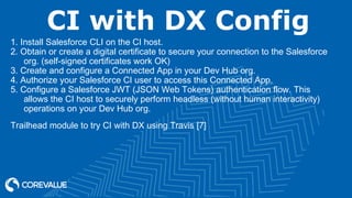 CI with DX Config
1. Install Salesforce CLI on the CI host.
2. Obtain or create a digital certificate to secure your connection to the Salesforce
org. (self-signed certificates work OK)
3. Create and configure a Connected App in your Dev Hub org.
4. Authorize your Salesforce CI user to access this Connected App.
5. Configure a Salesforce JWT (JSON Web Tokens) authentication flow. This
allows the CI host to securely perform headless (without human interactivity)
operations on your Dev Hub org.
Trailhead module to try CI with DX using Travis [7]
 