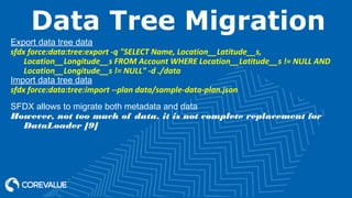 Data Tree Migration
Export data tree data
sfdx force:data:tree:export -q "SELECT Name, Location__Latitude__s,
Location__Longitude__s FROM Account WHERE Location__Latitude__s != NULL AND
Location__Longitude__s != NULL" -d ./data
Import data tree data
sfdx force:data:tree:import --plan data/sample-data-plan.json
SFDX allows to migrate both metadata and data
However, not too much of data, it is not complete replacement for
DataLoader [9]
 