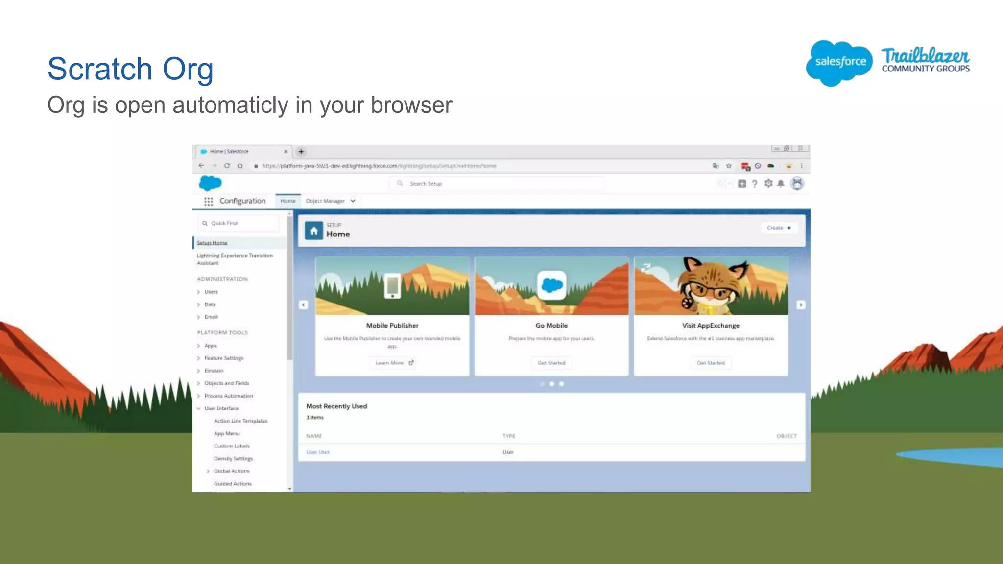 Scratch Org
Org is open automaticly in your browser
 