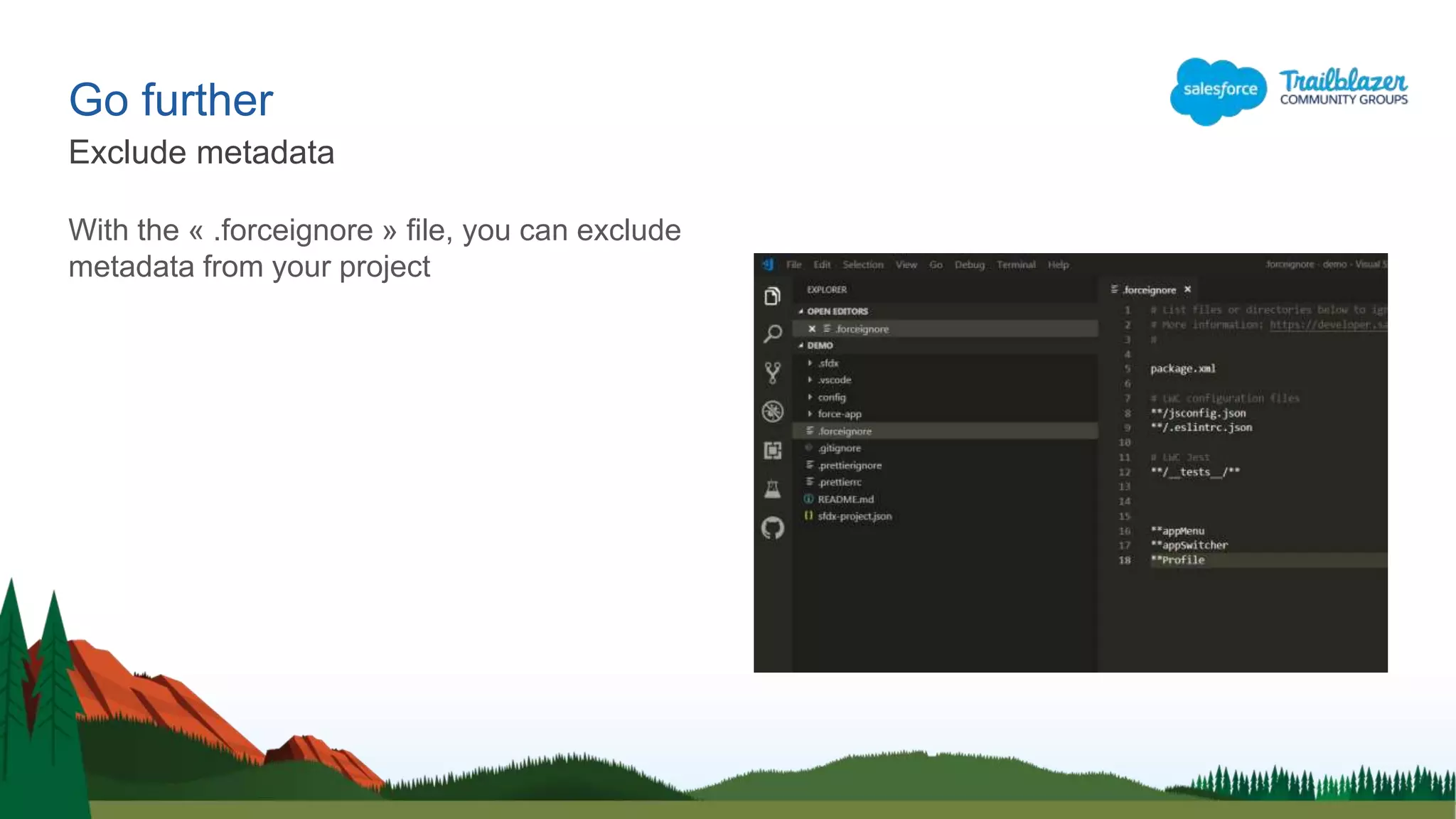 Go further
With the « .forceignore » file, you can exclude
metadata from your project
Exclude metadata
 