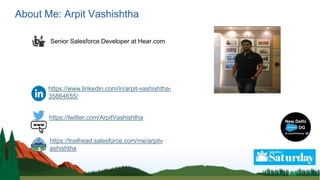 About Me: Arpit Vashishtha
Senior Salesforce Developer at Hear.com
https://www.linkedin.com/in/arpit-vashishtha-
35864655/...