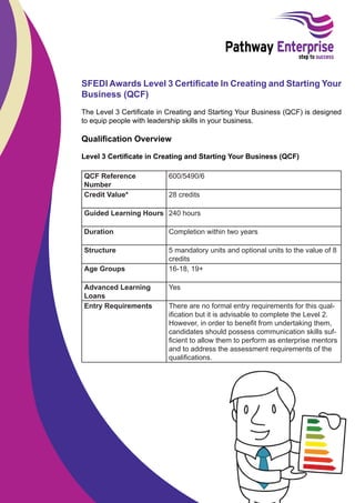 SFEDI Awards Level 3 Certiﬁcate In Creating and Starting Your
Business (QCF)
The Level 3 Certiﬁcate in Creating and Starting Your Business (QCF) is designed
to equip people with leadership skills in your business.

Qualiﬁcation Overview
Level 3 Certiﬁcate in Creating and Starting Your Business (QCF)
QCF Reference
Number
Credit Value*

600/5490/6
28 credits

Guided Learning Hours 240 hours
Duration

Completion within two years

Structure

5 mandatory units and optional units to the value of 8
credits
16-18, 19+

Age Groups
Advanced Learning
Loans
Entry Requirements

Yes
There are no formal entry requirements for this qualiﬁcation but it is advisable to complete the Level 2.
However, in order to beneﬁt from undertaking them,
candidates should possess communication skills sufﬁcient to allow them to perform as enterprise mentors
and to address the assessment requirements of the
qualiﬁcations.

 
