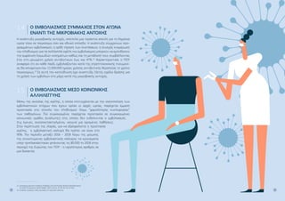 9
8
Ο ΕΜΒΟΛΙΑΣΜΌΣ ΣΎΜΜΑΧΟΣ ΣΤΟΝ ΑΓΏΝΑ
ΈΝΑΝΤΙ ΤΗΣ ΜΙΚΡΟΒΙΑΚΉΣ ΑΝΤΟΧΉΣ
Η ανάπτυξη μικροβιακής αντοχής, αποτελεί μια τεράστια απειλή για τη δημόσια
υγεία τόσο σε παγκόσμιο όσο και εθνικό επίπεδο. Η ανάπτυξη σύγχρονων προ-
γραμμάτων εμβολιασμού, η ορθή τήρηση των συστάσεων, η συνεχής ενημέρωση
του πληθυσμού για τα πολλαπλά οφέλη του εμβολιασμού μπορούν να εμποδίσουν
την εμφάνιση λοιμωδών νοσημάτων καθώς και τη μετάδοσή τους συμβάλλοντας
έτσι στη μειωμένη χρήση αντιβιοτικών έως και 47%.22
Χαρακτηριστικά, ο ΠΟΥ
αναφέρει ότι αν κάθε παιδί, εμβολιάζονταν κατά της στρεπτοκοκκικής πνευμονί-
ας θα αποφεύγονταν 11.000.000 ημέρες χρήσης αντιβιοτικής θεραπείας το χρόνο
παγκοσμίως.23
Σε αυτή την κατεύθυνση έχει αναπτύξει 10ετές σχέδιο δράσης για
τη χρήση των εμβολίων στη μάχη κατά της μικροβιακής αντοχής.
Ο ΕΜΒΟΛΙΑΣΜΌΣ ΜΈΣΟ ΚΟΙΝΩΝΙΚΉΣ
ΑΛΛΗΛΕΓΓΎΗΣ
Μέσω της ανοσίας της αγέλης, η οποία επιτυγχάνεται με την ικανοποίηση των
εμβολιαστικών στόχων που έχουν ορίσει οι αρχές υγείας, παρέχεται έμμεση
προστασία στο σύνολο του πληθυσμού λόγω ″χαμηλότερης κυκλοφορίας″
των παθογόνων. Πιο συγκεκριμένα, παρέχεται προστασία σε συγκεκριμένες
κοινωνικές ομάδες (ευάλωτες) στις οποίες δεν ενδείκνυται ο εμβολιασμός
(π.χ έγκυες, ανοσοκοτασταλμένοι, νεογνά για ορισμένες παθήσεις).
Στην περίπτωση της ιλαράς, για να εξασφαλιστεί η προστασία
αγέλης, η εμβολιαστική κάλυψη θα πρέπει να είναι στο
95%. Την περίοδο μεταξύ 2016 – 2018 λόγω της μείωσης
της συνιστώμενης εμβολιαστικής κάλυψης τα κρούσματα
υπερ-τριπλασιάστηκαν φτάνοντας τις 80.000 το 2018 στην
περιοχή της Ευρώπης του ΠΟΥ - ο υψηλότερος αριθμός σε
μια δεκαετία.
22. 
Leveraging Vaccines to Reduce Antibiotic Use and Prevent Antimicrobial Resistance:
An Action Framework: World Health; 2020. Licence: CC BY-NC-SA 3.0 IGO
23. Antibiotic resistance: Why vaccination is important (who.int)
1.5.
1.4.
 