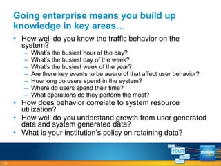 Going enterprise means you build up knowledge in key areas… How well do you know the traffic behavior on the system? What’s the busiest hour of the day? What’s the busiest day of the week? What’s the busiest week of the year? Are there key events to be aware of that affect user behavior? How long do users spend in the system? Where do users spend their time? What operations do they perform the most? How does behavior correlate to system resource utilization? How well do you understand growth from user generated data and system generated data? What is your institution’s policy on retaining data? 