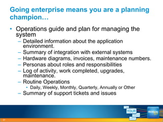 Operations guide and plan for managing the system Detailed information about the application environment. Summary of integration with external systems Hardware diagrams, invoices, maintenance numbers. Personas about roles and responsibilities Log of activity, work completed, upgrades, maintenance. Routine Operations Daily, Weekly, Monthly, Quarterly, Annually or Other Summary of support tickets and issues Going enterprise means you are a planning champion… 