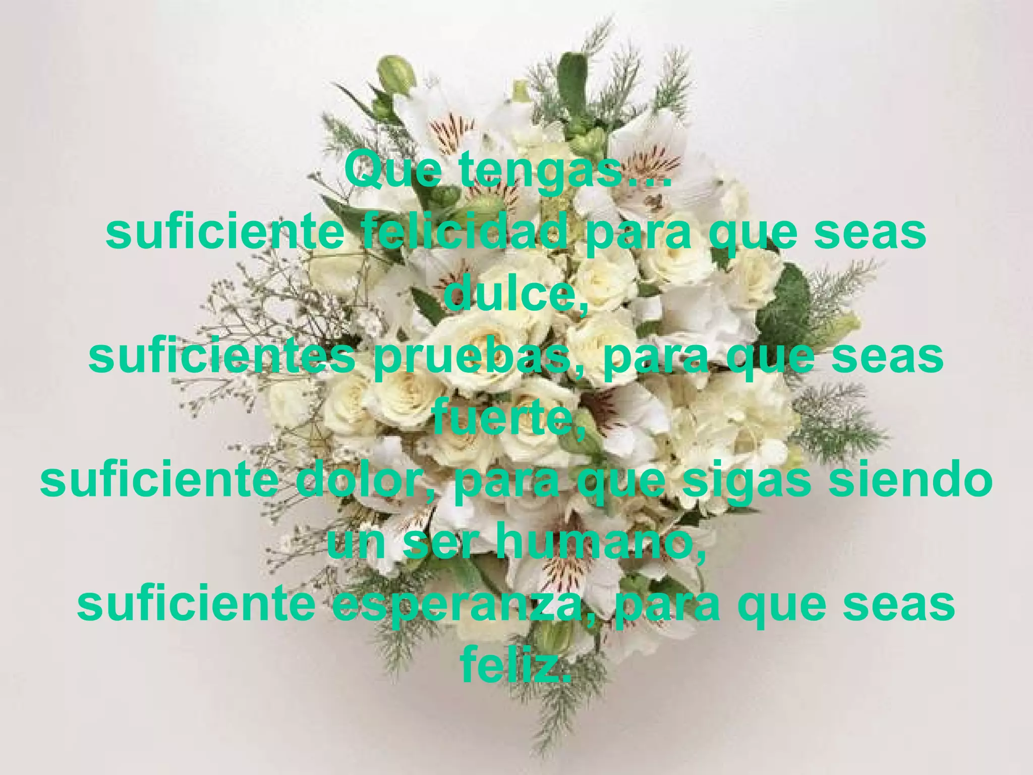 Que tengas…  suficiente felicidad para que seas dulce, suficientes pruebas, para que seas fuerte,  suficiente dolor, para que sigas siendo un ser humano, suficiente esperanza, para que seas feliz. 