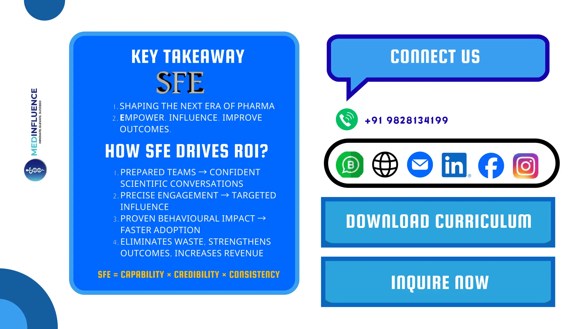 1.SHAPING THE NEXT ERA OF PHARMA
2.EMPOWER. INFLUENCE. IMPROVE
OUTCOMES.
KEY TAKEAWAY
CH
Co
HC
In
na
Slo
SFE = CAPABILITY × CREDIBILITY × CONSISTENCY
HOW SFE DRIVES ROI?
1.PREPARED TEAMS →CONFIDENT
SCIENTIFIC CONVERSATIONS
2.PRECISE ENGAGEMENT →TARGETED
INFLUENCE
3.PROVEN BEHAVIOURAL IMPACT →
FASTER ADOPTION
4.ELIMINATES WASTE, STRENGTHENS
OUTCOMES, INCREASES REVENUE
CONNECT US
+91 9828134199
INQUIRE NOW
DOWNLOAD CURRICULUM
 