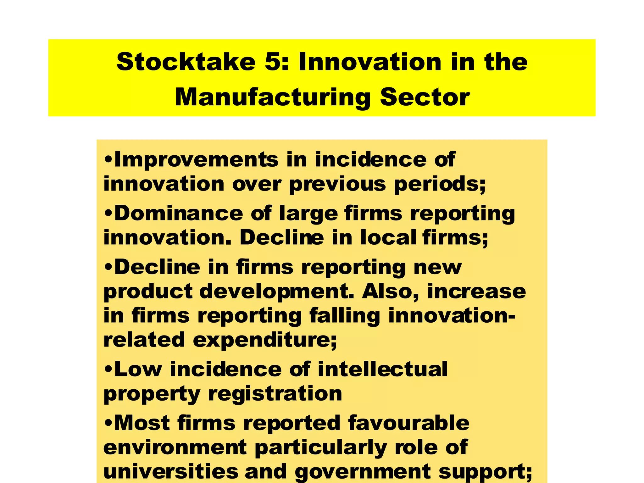 Stocktake 5: Innovation in the Manufacturing Sector Improvements in incidence of innovation over previous periods; Dominance of large firms reporting innovation. Decline in local firms; Decline in firms reporting new product development. Also, increase in firms reporting falling innovation-related expenditure; Low incidence of intellectual property registration Most firms reported favourable environment particularly role of universities and government support; 