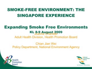 SMOKE-FREE ENVIRONMENT: THE SINGAPORE EXPERIENCE Expanding Smoke Free Environments KL 8-9 August 2009 Joanne Chandler Adult Health Division, Health Promotion Board Chian Jian Wei Policy Department, National Environment Agency 