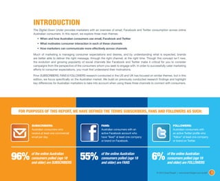INTRODUCTION
        The Digital Down Under provides marketers with an overview of email, Facebook and Twitter consumption across online
        Australian consumers. In this report, we explore three main themes:
           •	 When and how Australian consumers use email, Facebook and Twitter
           •	 What motivates consumer interaction in each of these channels
           •	 How marketers can communicate more effectively across channels

        Much of marketing is managing consumer expectations and desires, and by understanding what is expected, brands
        are better able to deliver the right message, through the right channel, at the right time. Though this concept isn’t new,
        the evolution and growing popularity of social channels like Facebook and Twitter make it critical for you to consider
        campaigns from the perspective of the consumers whom you seek to engage with. In order to successfully cater marketing
        efforts to consumer expectations, you must first understand their motivations.

        Prior SUBSCRIBERS, FANS & FOLLOWERS research conducted in the US and UK has focused on similar themes, but in this
        edition, we focus specifically on the Australian market. We build on previously conducted research findings and highlight
        key differences for Australian marketers to take into account when using these three channels to connect with consumers.




 FOR PURPOSES OF THIS REPORT, WE HAVE DEFINED THE TERMS SUBSCRIBERS, FANS AND FOLLOWERS AS SUCH:


       SUBSCRIBERS:                                           FANS:                                                      FOLLOWERS:
       Australian consumers who                               Australian consumers with an                               Australian consumers with
       receive at least one commercial                        active Facebook account who                                an active Twitter profile who
       email per day.                                         have “liked” at least one company                          “follow” at least one company
                                                              or brand on Facebook.                                      or brand on Twitter.




96%    of the online Australian
       consumers polled (age 18
       and older) are SUBSCRIBERS
                                             55%              of the online Australian
                                                              consumers polled (age 18
                                                              and older) are FANS
                                                                                                      6%           of the online Australian
                                                                                                                   consumers polled (age 18
                                                                                                                   and older) are FOLLOWERS

                                                                                                          © 2012 ExactTarget | www.ExactTarget.com.au/sff   3
 