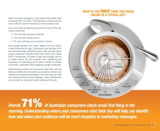 WHAT IS THE FIRST THING YOU CHECK
                                                                                ONLINE IN A TYPICAL DAY?
adult consumer population, using email more readily than
Facebook (42% vs. 38%). This behaviour underscores the
more “official” nature of email as a communication tool.

How consumers access their first online content of the day
is also interesting:
   •	 74% use their personal computer
   •	 14% use their mobile phone
   •	 7% wait until they arrive at work or school

How people perform this initial “digital morning check”
is also influenced by age. Consumers over the age of 45
are overwhelmingly performing their initial morning check
using a personal computer (more than 90%). But, nearly                                         71%
30% of consumers, 34 years of age and younger, rely on                                         EMAIL
a mobile device for this purpose—only reinforcing the
importance of optimising your brand’s emails for mobile
consumers, especially when targeting younger audiences.                                                       17%
                                                              0.4%                                         FACEBOOK
Understanding where your consumers start their day will       TWITTER
help you identify how and when your audience will be most
receptive to marketing messages. It can also help you craft       0.6%
the content and tone of your message—which will become           GOOGLE+
more evident as we examine each individual channel.                        1%
                                                                         SEARCH/
                                                                        PORTAL SITE                                      6%
                                                                                      1%                              NEWS SITE
                                                                                 MY COMPANY’S                2%
                                                                                   WEBSITE      1%          OTHER
                                                                                           ENTERTAINMENT




Overall,      71%   of Australian consumers check email first thing in the
morning. Understanding where your consumers start their day will help you identify
how and when your audience will be most receptive to marketing messages.
                                                                                                           © 2012 ExactTarget | www.ExactTarget.com.au/sff   7
 