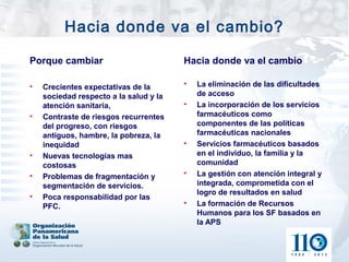 Hacia donde va el cambio?

Porque cambiar                          Hacia donde va el cambio

•   Crecientes expectativas de la       •   La eliminación de las dificultades
    sociedad respecto a la salud y la       de acceso
    atención sanitaria,                 •   La incorporación de los servicios
•   Contraste de riesgos recurrentes        farmacéuticos como
    del progreso, con riesgos               componentes de las políticas
    antiguos, hambre, la pobreza, la        farmacéuticas nacionales
    inequidad                           •   Servicios farmacéuticos basados
•   Nuevas tecnologías mas                  en el individuo, la familia y la
    costosas                                comunidad
•   Problemas de fragmentación y        •   La gestión con atención integral y
    segmentación de servicios.              integrada, comprometida con el
                                            logro de resultados en salud
•   Poca responsabilidad por las
    PFC.                                •   La formación de Recursos
                                            Humanos para los SF basados en
                                            la APS
 