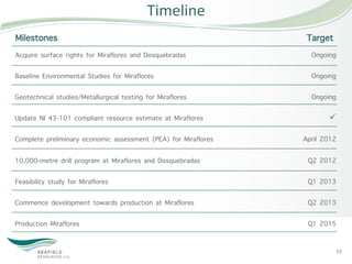 Timeline	
  
Milestones                                                       Target
Acquire surface rights for Miraflores and Dosquebradas            Ongoing

Baseline Environmental Studies for Miraflores                     Ongoing

Geotechnical studies/Metallurgical testing for Miraflores         Ongoing

Update NI 43-101 compliant resource estimate at Miraflores             ü 

Complete preliminary economic assessment (PEA) for Miraflores   April 2012

10,000-metre drill program at Miraflores and Dosquebradas        Q2 2012

Feasibility study for Miraflores                                 Q1 2013

Commence development towards production at Miraflores            Q2 2013

Production Miraflores                                            Q1 2015


                                                                          19	
  
 