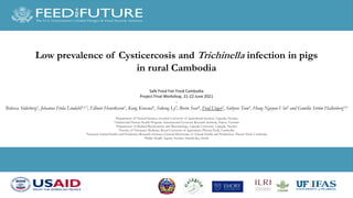 Low prevalence of Cysticercosis and Trichinella infection in pigs
in rural Cambodia
Safe Food Fair Food Cambodia
Project Final Workshop, 21-22 June 2021
-
Rebecca Söderberg1, Johanna Frida Lindahl1,2,3, Ellinor Henriksson1, Kang Kroesna4, Sokong Ly3, Borin Sear4, Fred Unger2, Sothyra Tum5, Hung Nguyen-Viet2 and Gunilla Ström Hallenberg1,6
1Department of Clinical Sciences, Swedish University of Agricultural Sciences, Uppsala, Sweden
2Animal and Human Health Program, International Livestock Research Institute, Hanoi, Vietnam
3Department of Medical Biochemistry and Microbiology, Uppsala University, Uppsala, Sweden
4Faculty of Veterinary Medicine, Royal University of Agriculture, Phnom Penh, Cambodia
5National Animal Health and Production Research Institute, General Directorate of Animal Health and Production, Phnom Penh, Cambodia
6Public Health Agency Sweden, Stockholm, Swede
 