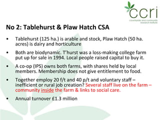 No 2: Tablehurst & Plaw Hatch CSA
• Tablehurst (125 ha.) is arable and stock, Plaw Hatch (50 ha.
acres) is dairy and horticulture
• Both are biodynamic. T’hurst was a loss-making college farm
put up for sale in 1994. Local people raised capital to buy it.
• A co-op (IPS) owns both farms, with shares held by local
members. Membership does not give entitlement to food.
• Together employ 20 f/t and 40 p/t and voluntary staff –
inefficient or rural job creation? Several staff live on the farm –
community inside the farm & links to social care.
• Annual turnover £1.3 million
 