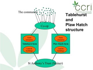 Tablehurst
and
Plaw Hatch
structure
The community
Co-op
Tablehurst farm Plaw Hatch farm
St Anthony’s Trust (Steiner)
Farm
enterprise
Land &
buildings
Farm
enterprise
Land &
buildings
 