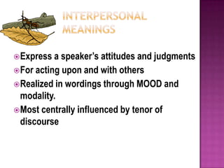 Interpersonal meaningsExpress a speaker’s attitudes and judgmentsFor acting upon and with othersRealized in wordings through MOOD and modality.Most centrally influenced by tenor of discourse