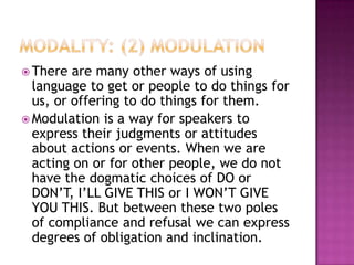 WH-InterrogativesIn a wh-interrogative, we need to recognize the presence of a WH element. This WH element is always conflated (mapped onto, fused with) another element of clause structure. It may be conflated with either the Subject, the Complement or a Circumstantial Adjunct, and is shown as a constituent of the MOOD or RESIDUE according to the status of the element with which it is conflated. (see: Eggins 1994: 175-176)