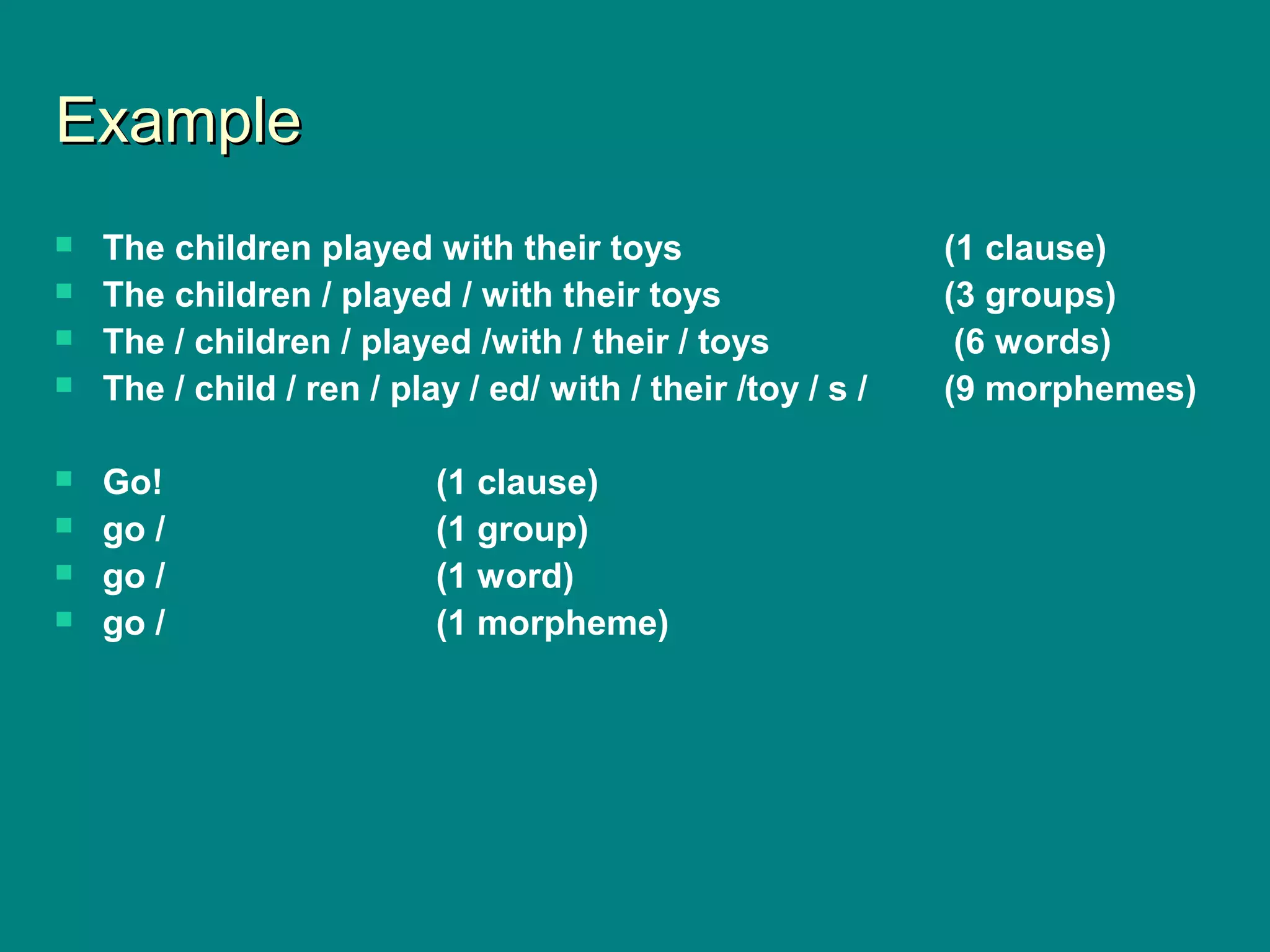 ExampleExample
 The children played with their toys (1 clause)
 The children / played / with their toys (3 groups)
 The / children / played /with / their / toys (6 words)
 The / child / ren / play / ed/ with / their /toy / s / (9 morphemes)
 Go! (1 clause)
 go / (1 group)
 go / (1 word)
 go / (1 morpheme)
 