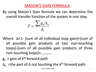 MASON’S GAIN FORMULA
SYED HASAN SAEED 19
By using Mason’s Gain formula we can determine the
overall transfer function of the system in one step.
Where Δ=1- [sum of all individual loop gain]+[sum of
all possible gain products of two non-touching
loops]-[sum of all possible gain products of three
non-touching loops]+…………
gk = gain of kth forward path
Δk =the part of Δ not touching the kth forward path



 kkg
T
 