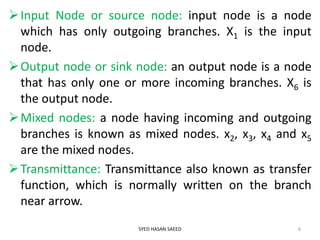 Input Node or source node: input node is a node
which has only outgoing branches. X1 is the input
node.
Output node or sink node: an output node is a node
that has only one or more incoming branches. X6 is
the output node.
Mixed nodes: a node having incoming and outgoing
branches is known as mixed nodes. x2, x3, x4 and x5
are the mixed nodes.
Transmittance: Transmittance also known as transfer
function, which is normally written on the branch
near arrow.
SYED HASAN SAEED 6
 
