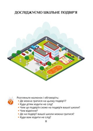 11
ДОСЛІДЖУЄМО ШКІЛЬНЕ ПОДВІР’Я
Розгляньте малюнок і обговоріть:
• Де можна гратися на цьому подвір’ї?
• Куди дітям ходити не слід?
• Чим це подвір’я схоже на подвір’я вашої школи?
• Чим відмінне?
• Де на подвір’ї вашої школи можна гратися?
• Куди вам ходити не слід?
?
 
