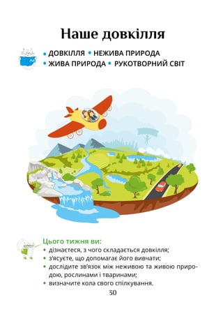 30
Наше довкілля
• ДОВКІЛЛЯ • НЕЖИВА ПРИРОДА
• ЖИВА ПРИРОДА • РУКОТВОРНИЙ СВІТ
Цього тижня ви:
•	 дізнаєтеся, з чого складається довкілля;
•	 з’ясуєте, що допомагає його вивчати;
•	 дослідите зв’язок між неживою та живою приро-
дою, рослинами і тваринами;
•	 визначите кола свого спілкування.
Аа
 