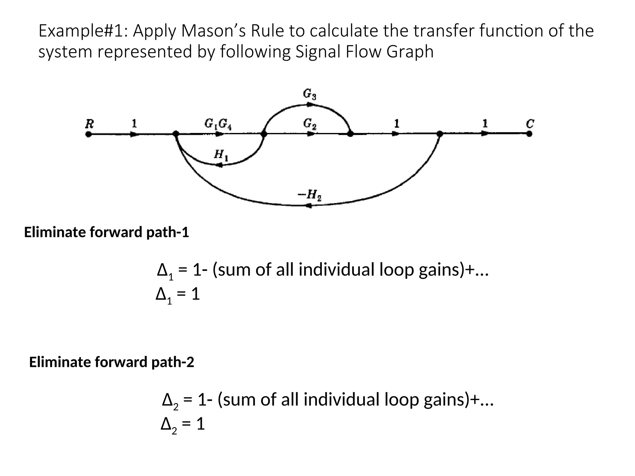 Example#1: Apply Mason’s Rule to calculate the transfer function of the
system represented by following Signal Flow Graph
∆1 = 1- (sum of all individual loop gains)+...
Eliminate forward path-1
∆1 = 1
∆2 = 1- (sum of all individual loop gains)+...
Eliminate forward path-2
∆2 = 1
 