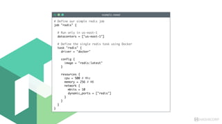 HASHICORP
example.nomad
# Define our simple redis job
job "redis" {
# Run only in us-east-1
datacenters = ["us-east-1"]
# Define the single redis task using Docker
task "redis" {
driver = "docker"
config {
image = "redis:latest"
}
resources {
cpu = 500 # Mhz
memory = 256 # MB
network {
mbits = 10
dynamic_ports = ["redis"]
}
}
}
}
 