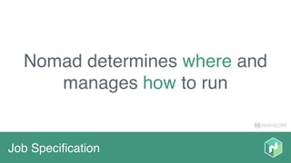 HASHICORP
Job Speciﬁcation
Nomad determines where and
manages how to run
 