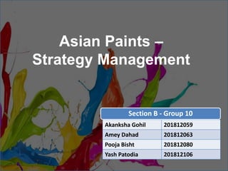 Akanksha Gohil 201812059
Amey Dahad 201812063
Pooja Bisht 201812080
Yash Patodia 201812106
Section B - Group 10
Asian Paints –
Strategy Management
 