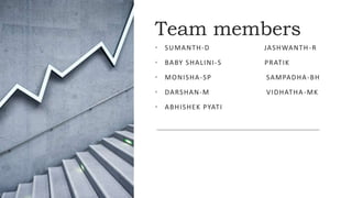 Team members
• SUMANTH-D JASHWANTH-R
• BABY SHALINI-S PRATIK
• MONISHA-SP SAMPADHA-BH
• DARSHAN-M VIDHATHA-MK
• ABHISHEK PYATI
 