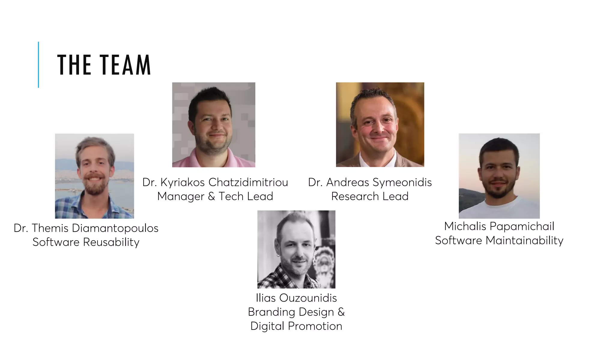 THE TEAM
Dr. Kyriakos Chatzidimitriou
Manager & Tech Lead
Dr. Andreas Symeonidis
Research Lead
Dr. Themis Diamantopoulos
Software Reusability
Michalis Papamichail
Software Maintainability
Ilias Ouzounidis
Branding Design &
Digital Promotion
 