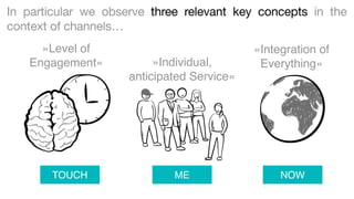 In particular we observe three relevant key concepts in the 
context of channels… 
»Integration of 
Everything« 
»Level of 
Engagement« »Individual, 
anticipated Service« 
TOUCH ME NOW 
 