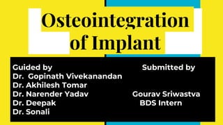 Osteointegration
of Implant
Guided by Submitted by
Dr. Gopinath Vivekanandan
Dr. Akhilesh Tomar
Dr. Narender Yadav Gourav Sriwastva
Dr. Deepak BDS Intern
Dr. Sonali
 