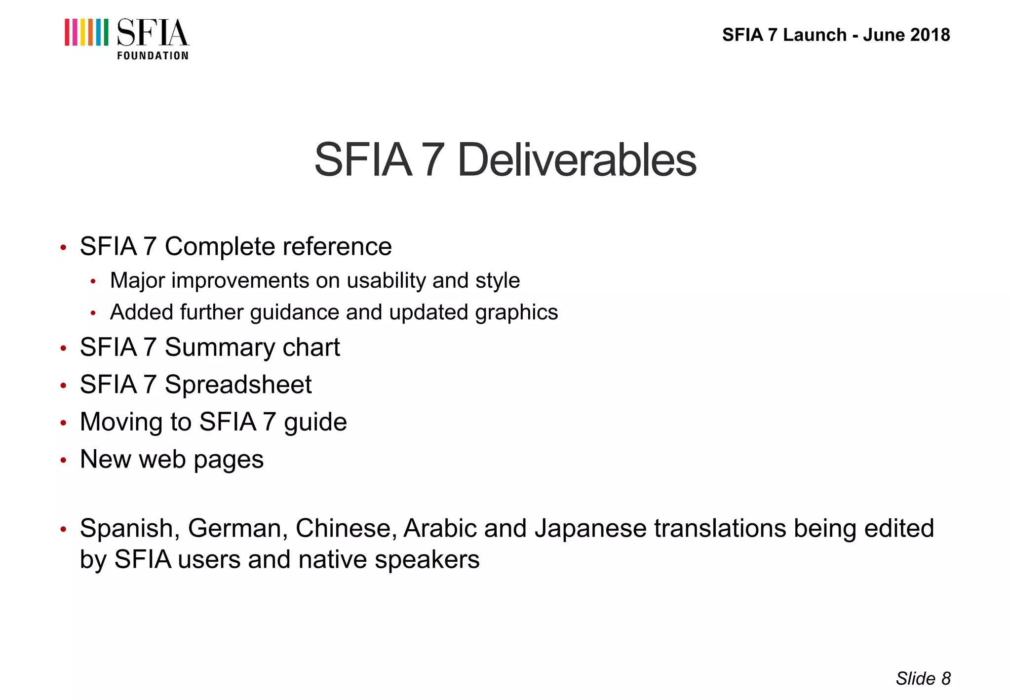 SFIA 7 Launch - June 2018
SFIA 7 Deliverables
• SFIA 7 Complete reference
• Major improvements on usability and style
• Added further guidance and updated graphics
• SFIA 7 Summary chart
• SFIA 7 Spreadsheet
• Moving to SFIA 7 guide
• New web pages
• Spanish, German, Chinese, Arabic and Japanese translations being edited
by SFIA users and native speakers
Slide 8
 