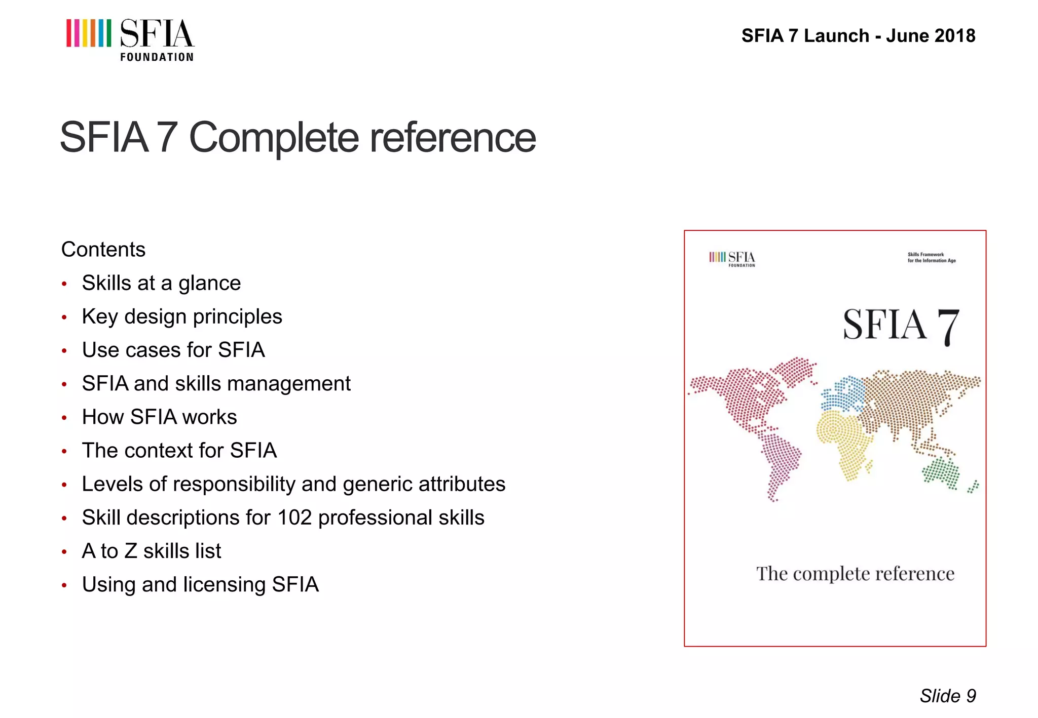 SFIA 7 Launch - June 2018
SFIA 7 Complete reference
Contents
• Skills at a glance
• Key design principles
• Use cases for SFIA
• SFIA and skills management
• How SFIA works
• The context for SFIA
• Levels of responsibility and generic attributes
• Skill descriptions for 102 professional skills
• A to Z skills list
• Using and licensing SFIA
Slide 9
 
