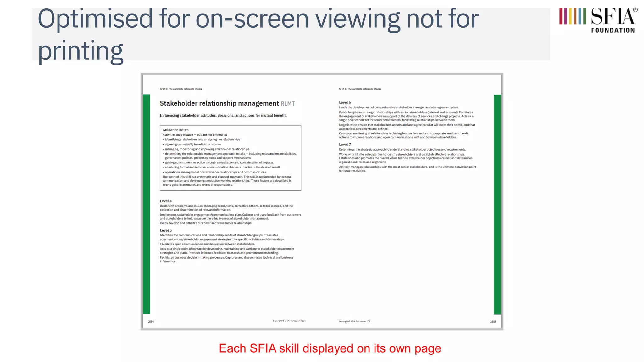 Optimised for on-screen viewing not for
printing
Each SFIA skill displayed on its own page
 