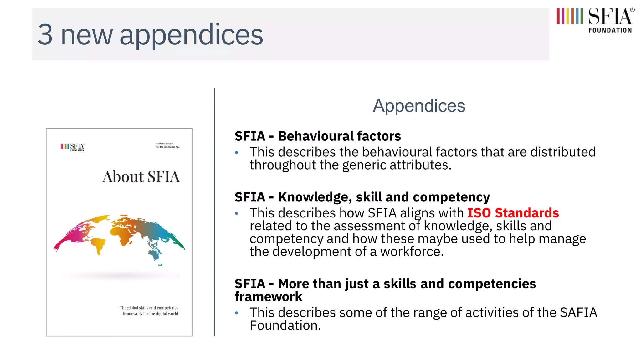 3 new appendices
Appendices
SFIA - Behavioural factors
• This describes the behavioural factors that are distributed
throughout the generic attributes.
SFIA - Knowledge, skill and competency
• This describes how SFIA aligns with ISO Standards
related to the assessment of knowledge, skills and
competency and how these maybe used to help manage
the development of a workforce.
SFIA - More than just a skills and competencies
framework
• This describes some of the range of activities of the SAFIA
Foundation.
 