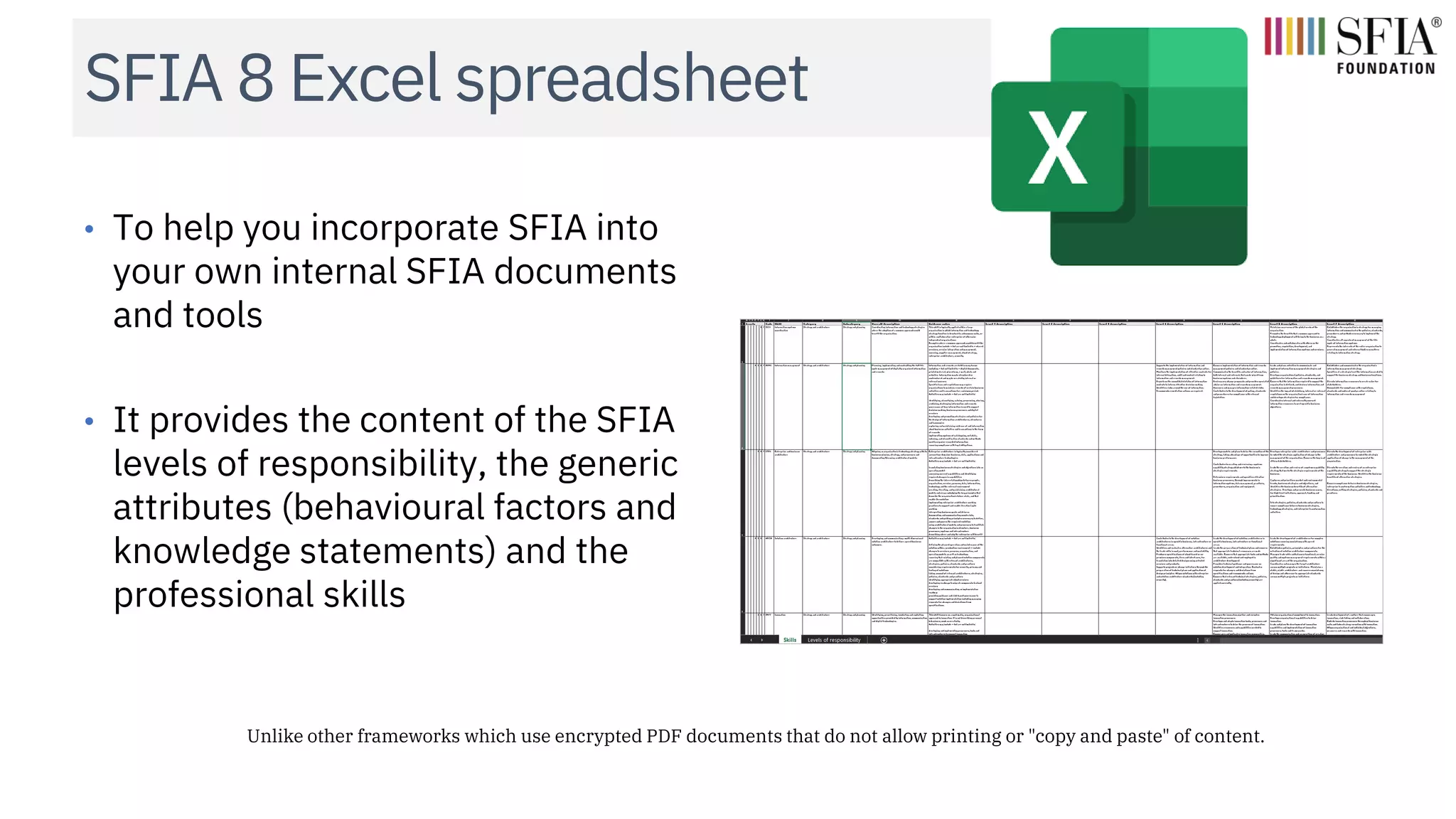 SFIA 8 Excel spreadsheet
• To help you incorporate SFIA into
your own internal SFIA documents
and tools
• It provides the content of the SFIA
levels of responsibility, the generic
attributes (behavioural factors and
knowledge statements) and the
professional skills
Unlike other frameworks which use encrypted PDF documents that do not allow printing or "copy and paste" of content.
 