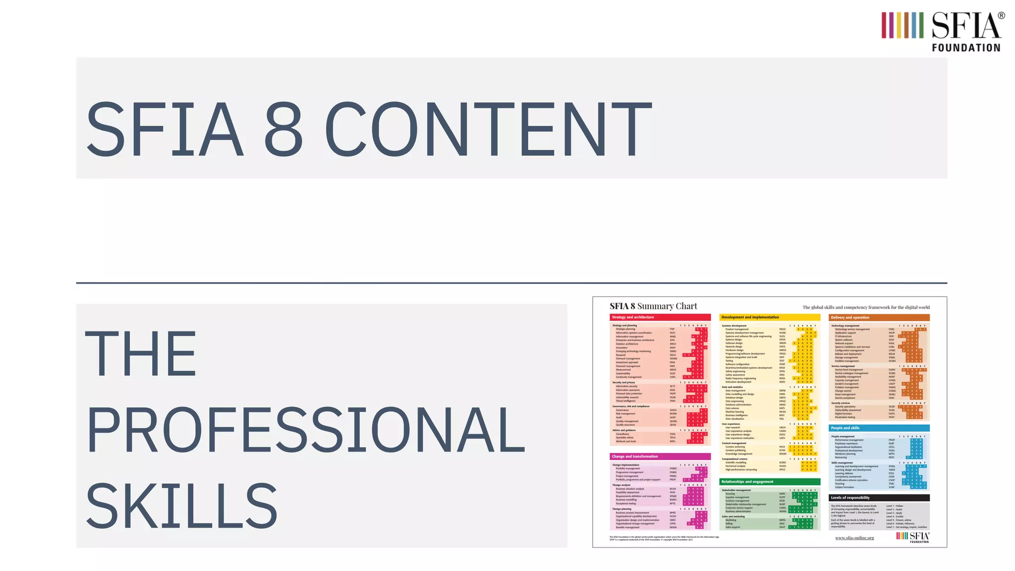 SFIA 8 CONTENT
THE
PROFESSIONAL
SKILLS
 