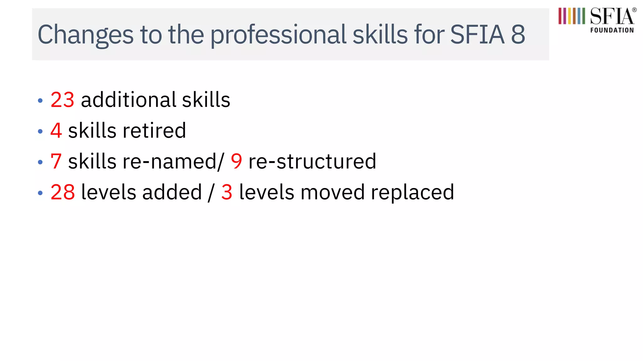 Changes to the professional skills for SFIA 8
• 23 additional skills
• 4 skills retired
• 7 skills re-named/ 9 re-structured
• 28 levels added / 3 levels moved replaced
 