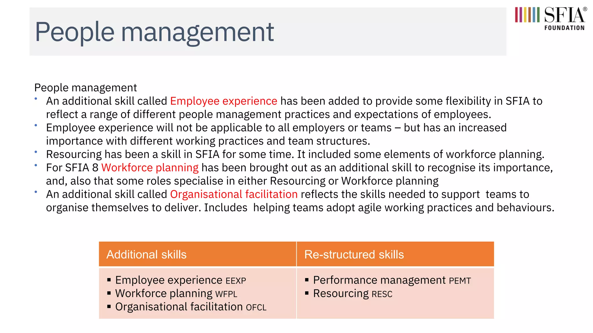 People management
People management
• An additional skill called Employee experience has been added to provide some flexibility in SFIA to
reflect a range of different people management practices and expectations of employees.
• Employee experience will not be applicable to all employers or teams – but has an increased
importance with different working practices and team structures.
• Resourcing has been a skill in SFIA for some time. It included some elements of workforce planning.
• For SFIA 8 Workforce planning has been brought out as an additional skill to recognise its importance,
and, also that some roles specialise in either Resourcing or Workforce planning
• An additional skill called Organisational facilitation reflects the skills needed to support teams to
organise themselves to deliver. Includes helping teams adopt agile working practices and behaviours.
Additional skills Re-structured skills
▪ Employee experience EEXP
▪ Workforce planning WFPL
▪ Organisational facilitation OFCL
▪ Performance management PEMT
▪ Resourcing RESC
 