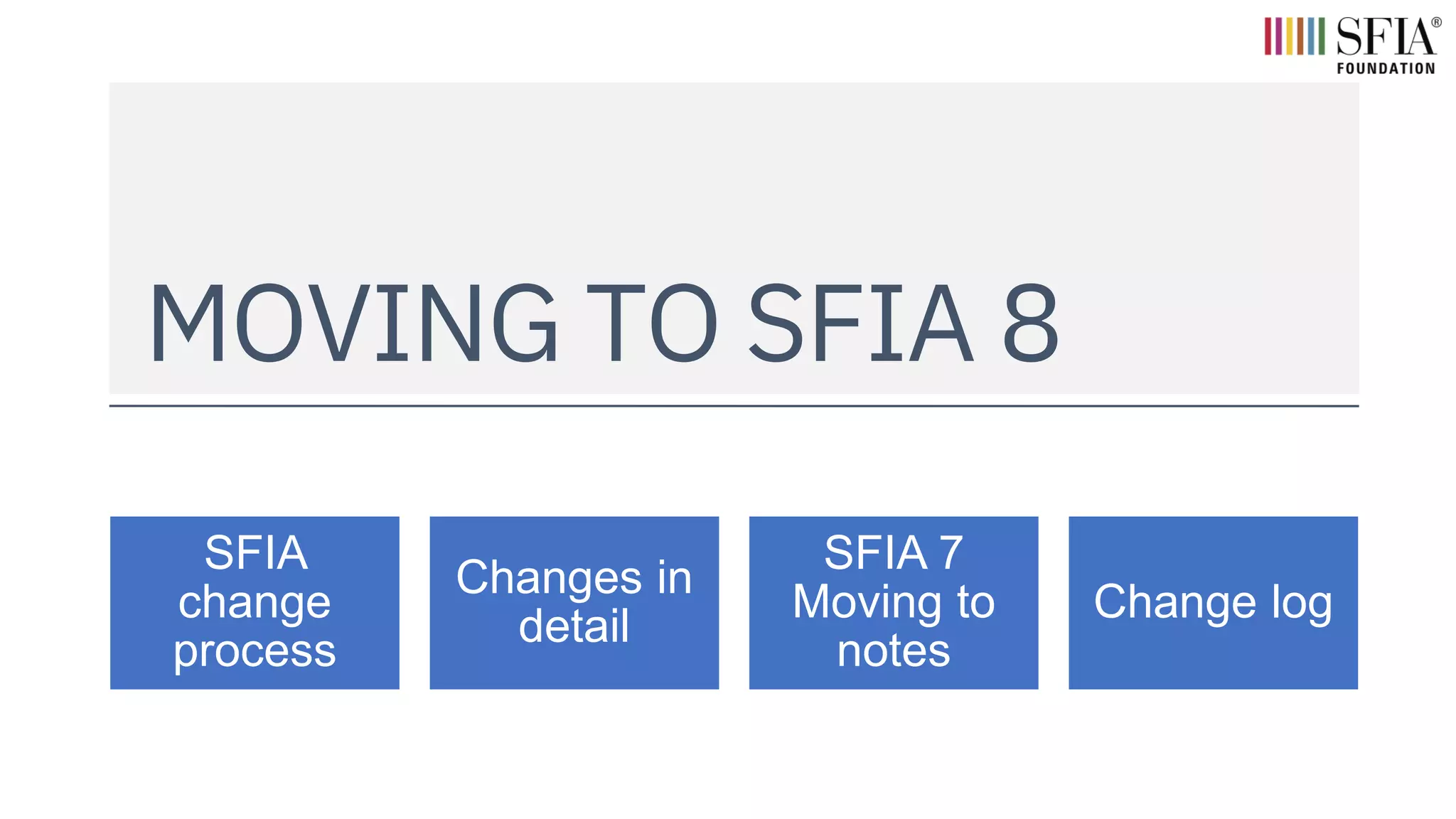 SFIA
change
process
Changes in
detail
SFIA 7
Moving to
notes
Change log
MOVING TO SFIA 8
 