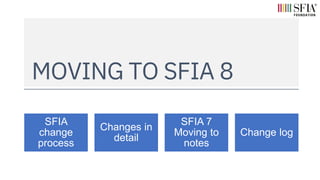 SFIA
change
process
Changes in
detail
SFIA 7
Moving to
notes
Change log
MOVING TO SFIA 8
 