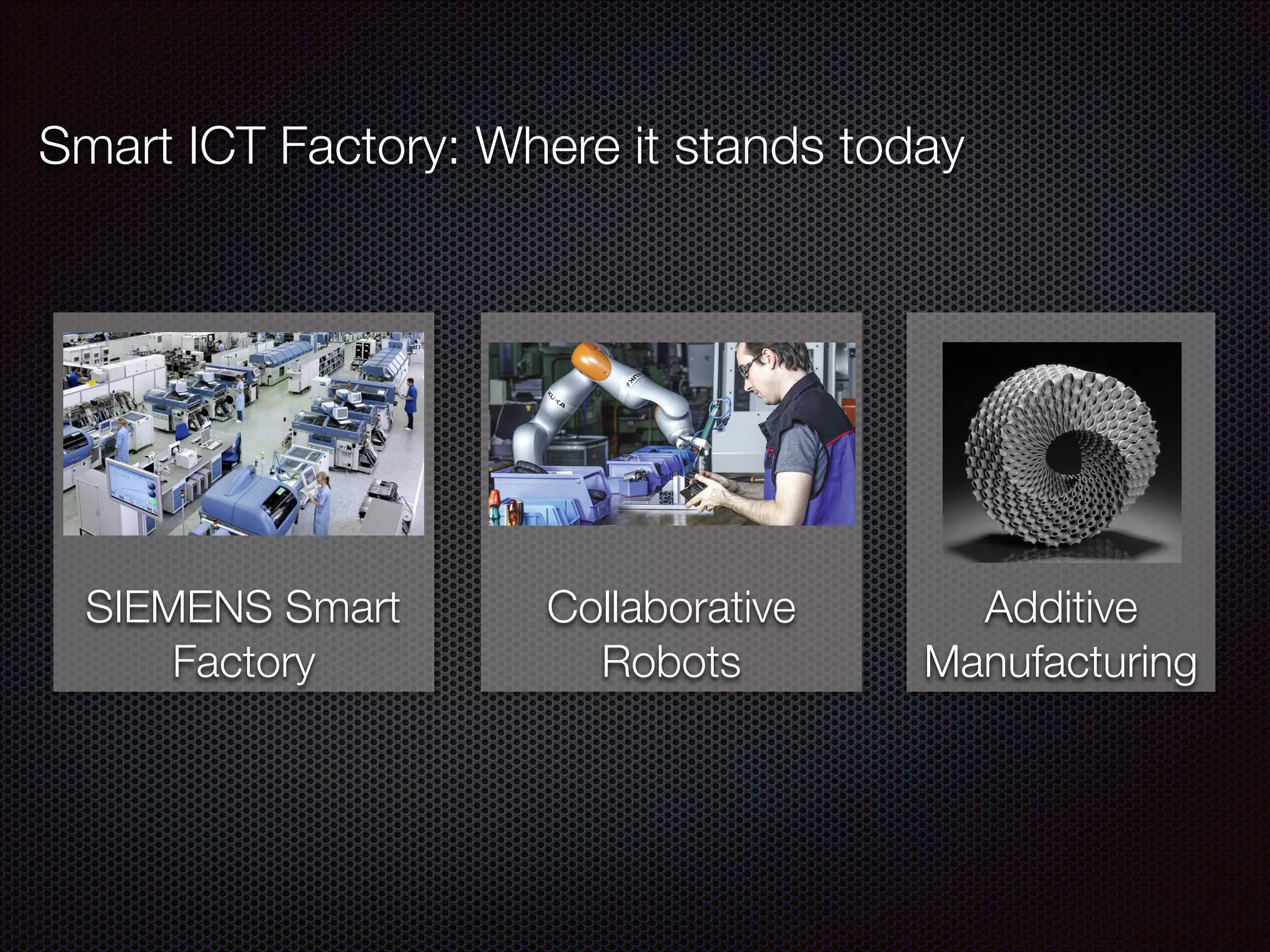 Smart ICT Factory: Where it stands today
SIEMENS Smart
Factory
Collaborative
Robots
Additive
Manufacturing
 
