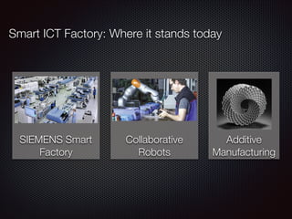 Smart ICT Factory: Where it stands today
SIEMENS Smart
Factory
Collaborative
Robots
Additive
Manufacturing
 