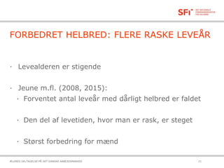 FORBEDRET HELBRED: FLERE RASKE LEVEÅR
· Levealderen er stigende
· Jeune m.fl. (2008, 2015):
· Forventet antal leveår med dårligt helbred er faldet
· Den del af levetiden, hvor man er rask, er steget
· Størst forbedring for mænd
21-10-2015ÆLDRES DELTAGELSE PÅ DET DANSKE ARBEJDSMARKED 21
 