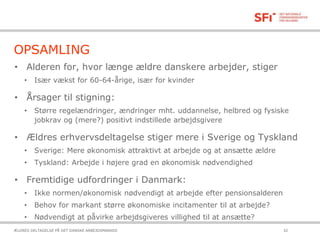 OPSAMLING
• Alderen for, hvor længe ældre danskere arbejder, stiger
• Især vækst for 60-64-årige, især for kvinder
• Årsager til stigning:
• Større regelændringer, ændringer mht. uddannelse, helbred og fysiske
jobkrav og (mere?) positivt indstillede arbejdsgivere
• Ældres erhvervsdeltagelse stiger mere i Sverige og Tyskland
• Sverige: Mere økonomisk attraktivt at arbejde og at ansætte ældre
• Tyskland: Arbejde i højere grad en økonomisk nødvendighed
• Fremtidige udfordringer i Danmark:
• Ikke normen/økonomisk nødvendigt at arbejde efter pensionsalderen
• Behov for markant større økonomiske incitamenter til at arbejde?
• Nødvendigt at påvirke arbejdsgiveres villighed til at ansætte?
21-10-2015ÆLDRES DELTAGELSE PÅ DET DANSKE ARBEJDSMARKED 32
 